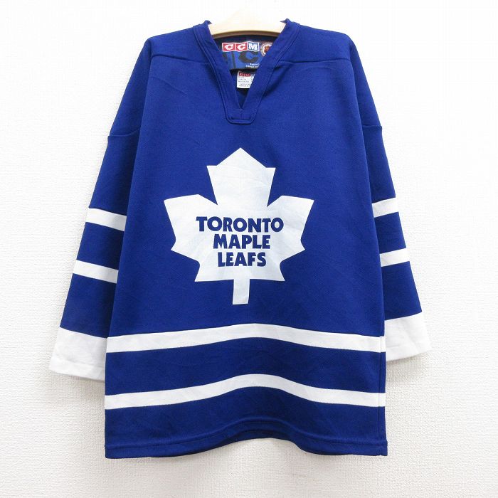 古着通販 古着 長袖 アイスホッケー ジャージ Tシャツ キッズ ボーイズ 子供服 CCM NHL トロントメープルリーフス Vネック カナダ製 青他  ユニフォーム ゲームシャツ