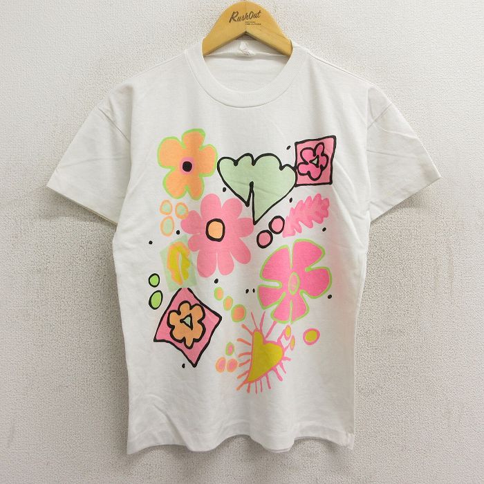 古着 半袖 ビンテージ Tシャツ レディース 80年代 80s 花 ハート クルーネック カナダ製 白 ホワイト 23jul08 中古