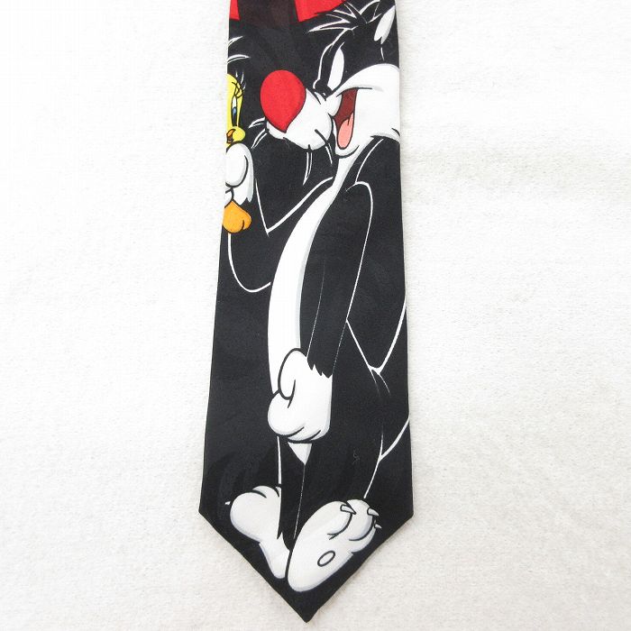 中古 ネクタイ 90年代 90s ルーニーテューンズ LOONEY TUNES シルベスター トゥイーティー 黒他 ブラック 23jul18