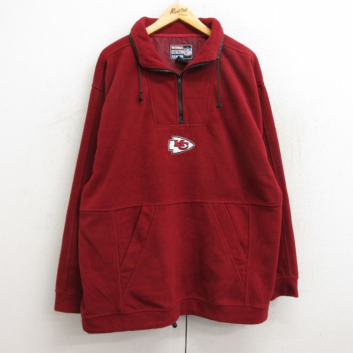 XL★古着 長袖 ハーフジップ フリース ジャケット メンズ 00年代 00s NFL カンザスシティチーフス ロング丈 赤他 レッド アメフト  スーパーボウル 23oct12 中古 アウター