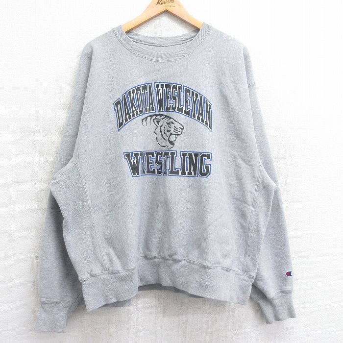 XL★古着 長袖 チャンピオン Champion リバースウィーブ メンズ 00年代 00s DAKOTA WESLEYAN レスリング カレッジ  大きいサイズ クルーネック グレー 霜降り 24jan12 中古 スウェット スエット トレーナー トップス