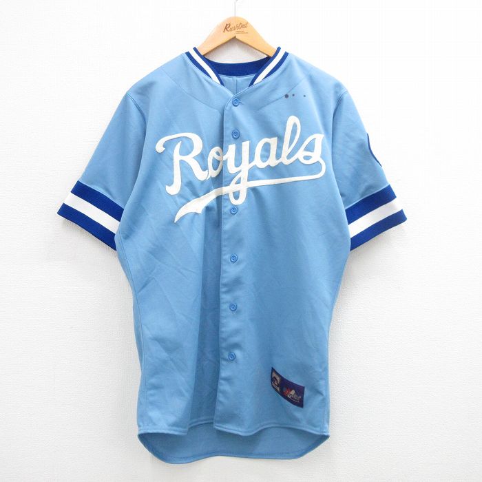 L 古着 マジェスティック 半袖 ベースボール シャツ メンズ 90年代 90s Royals USA製 水色他