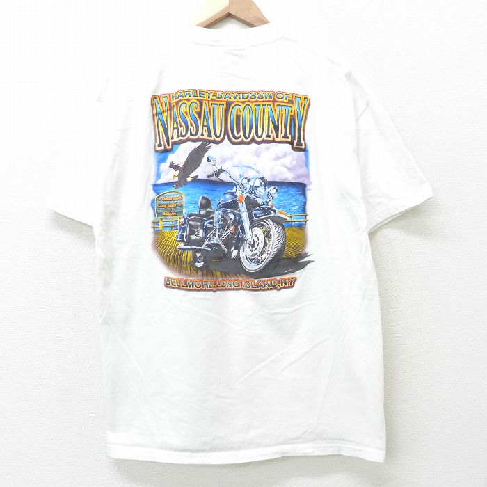 L★古着 ハーレーダビッドソン Harley Davidson 半袖 ビンテージ Tシャツ メンズ 90年代 90s バイク NASSAU コットン  クルーネック USA製 白 ホワイト 21jul08 中古