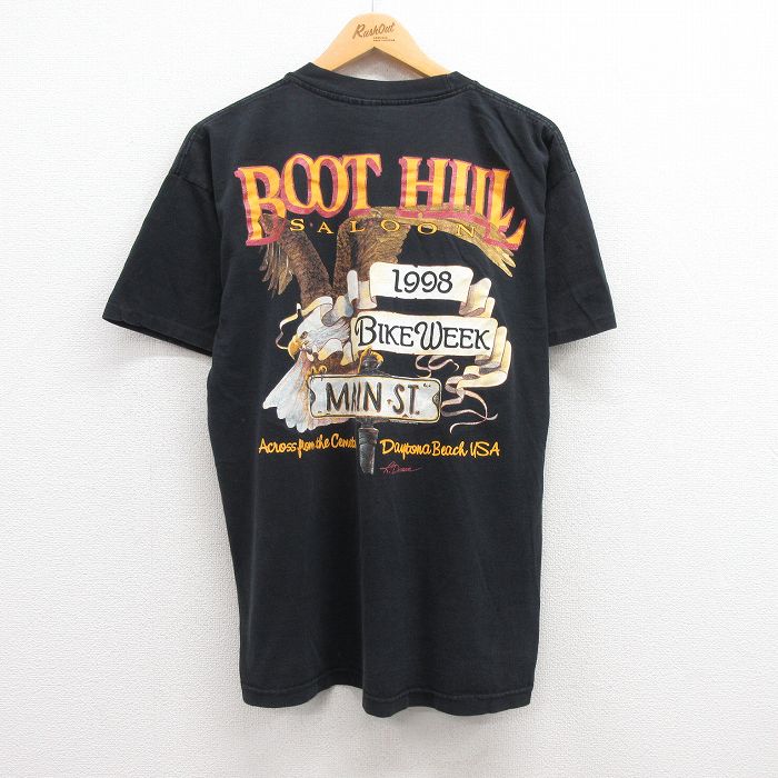 【30%OFF】XL★古着 半袖 ビンテージ Tシャツ メンズ 90年代 90s バイクウィーク BOOT HILL 胸ポケット付き コットン  クルーネック USA製 黒 ブラック 【spe】 23jul01 中古