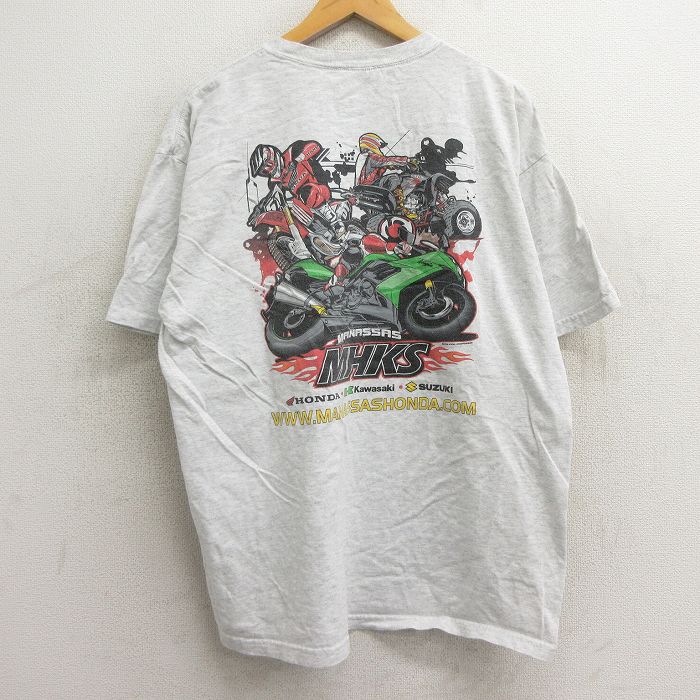 XL★古着 半袖 ビンテージ Tシャツ メンズ 00年代 00s バイク MHKS ホンダ スズキ 大きいサイズ クルーネック 薄グレー 霜降り  24feb22 中古