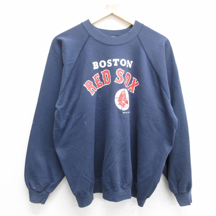 XL★古着 長袖 スウェット メンズ 80年代 80s MLB ボストンレッドソックス ラグラン クルーネック USA製 紺 ネイビー メジャーリーグ  ベースボール 野球 23sep27 中古 スエット トレーナー トップス