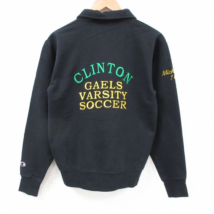 古着通販 S☆古着 チャンピオン Champion 長袖 ハーフジップ スウェット メンズ クリントン サッカー 刺繍 黒