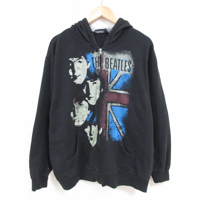 古着通販 XL☆古着 長袖 ロック バンド フルジップ スウェット パーカー メンズ ビートルズ The Beatles 黒 フード内側サーマル