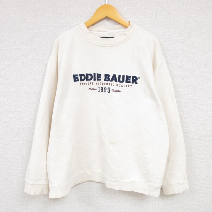 XL★古着 エディーバウアー Eddie Bauer 長袖 スウェット メンズ 00年代 00s ビッグロゴ 刺繍 大きいサイズ クルーネック 生成り  23sep02 中古 スエット トレーナー トップス