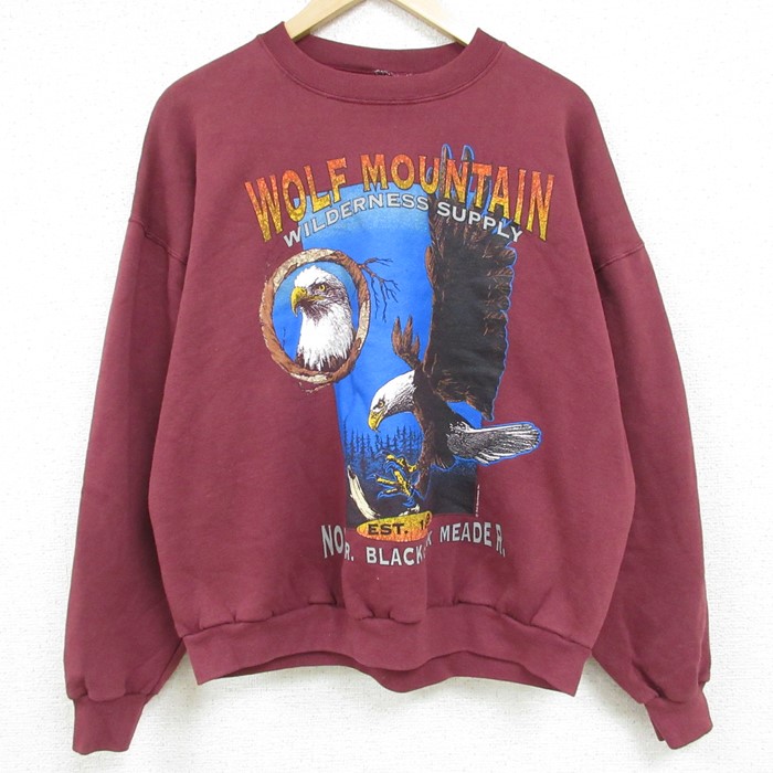 XL★古着 長袖 スウェット メンズ 90年代 90s WOLF MOUNTAIN 鳥 クルーネック USA製 エンジ 23oct02 中古 スエット  トレーナー トップス