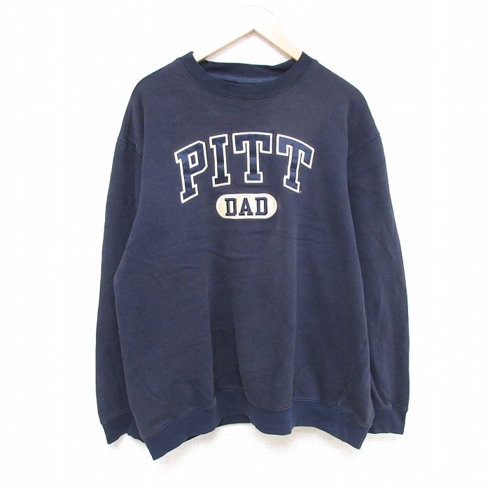 XL★古着 長袖 スウェット メンズ PITT 刺繍 クルーネック 紺 ネイビー 23nov10 中古 スエット トレーナー トップス