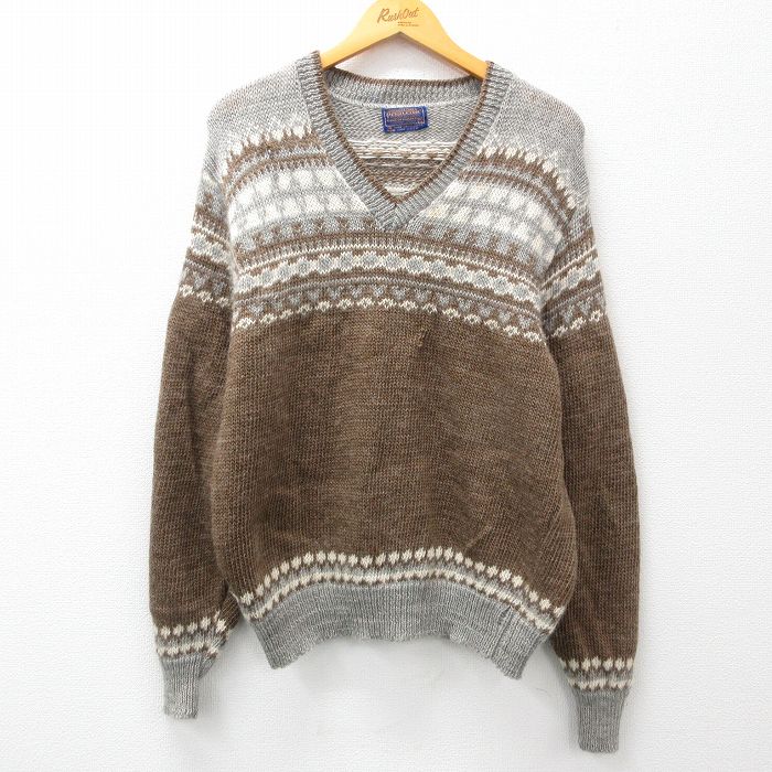 M★古着 ペンドルトン PENDLETON 長袖 ノルディック セーター メンズ 80年代 80s ウール Vネック USA製 グレー他  23oct12 中古 ニット トップス