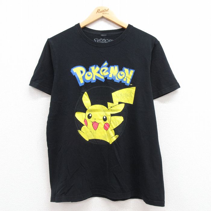 古着通販 L☆古着 半袖 Tシャツ メンズ アニメ ポケットモンスター ポケモン ピカチュウ クルーネック 黒