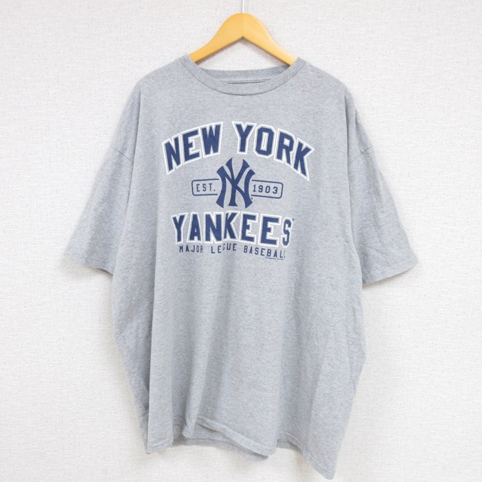 XL★古着 半袖 Tシャツ メンズ MLB ニューヨークヤンキース 大きいサイズ クルーネック グレー 霜降り メジャーリーグ ベースボール 野球  23jun12 中古