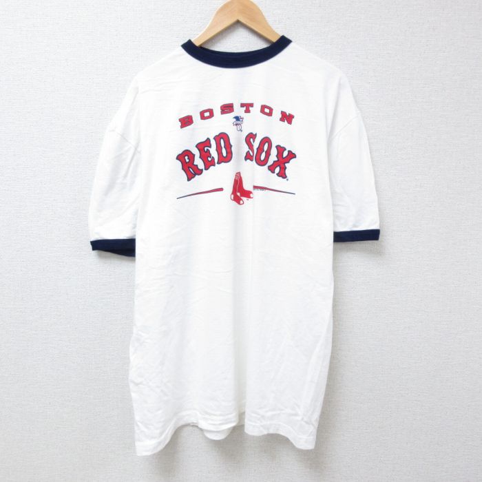 XL 古着 半袖 Tシャツ メンズ MLB ボストンレッドソックス 大きいサイズ ロング丈 コットン クルーネック 白 リンガー メジャーリーグ ベースボール