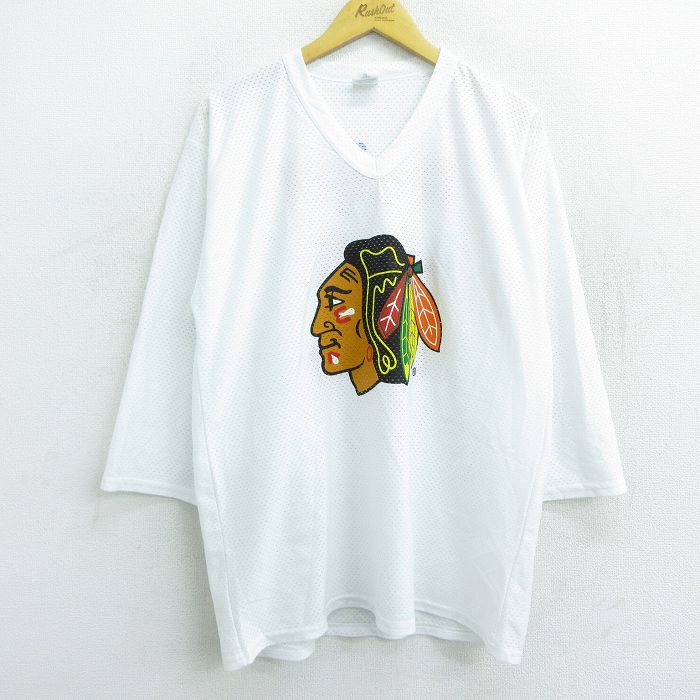 古着通販 XL☆古着 長袖 ビンテージ Tシャツ メンズ 90年代 90s NHL シカゴブラックホークス meijer 11 メッシュ地 Vネック  USA製 白 ユニフォーム アイスホッケー