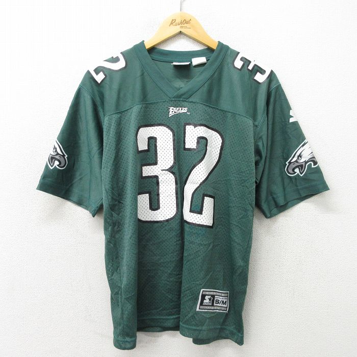 M★古着 スターター STARTER 半袖 ビンテージ フットボール Tシャツ メンズ 90年代 90s NFL フィラデルフィアイーグルス  リッキーワターズ 32 メッシュ地 Vネック 緑 グリーン ユニフォーム ゲームシャツ アメフト スーパーボウル 23jun16 中古