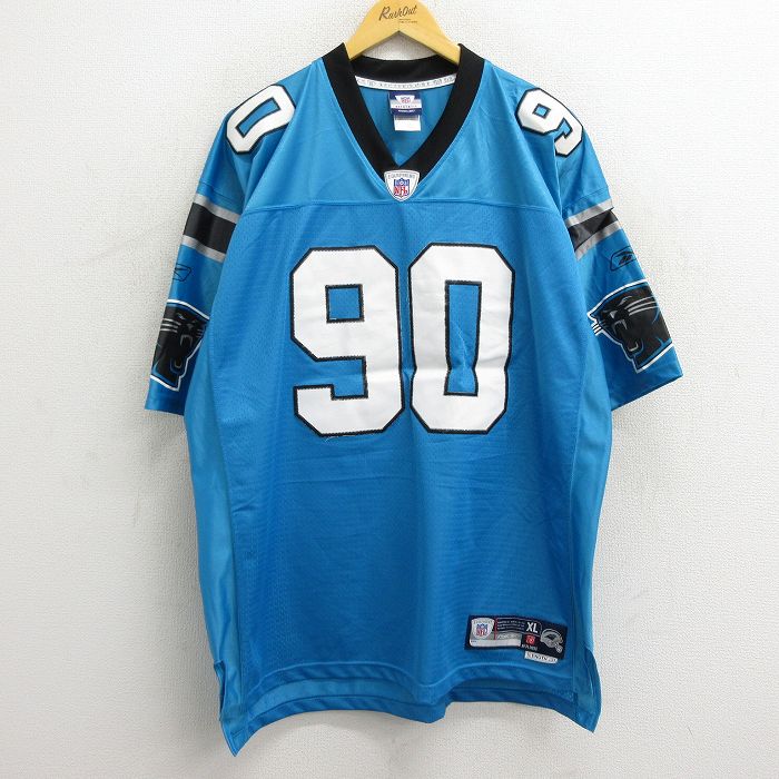 古着通販 XL☆古着 リーボック 半袖 ビンテージ フットボール Tシャツ メンズ 00年代 00s NFL カロライナパンサーズ  ジュリアスペッパーズ 90 メッシュ地 ロング丈 大きいサイズ Vネック 水色 ユニフォーム ゲームシャツ アメフト スーパーボウル