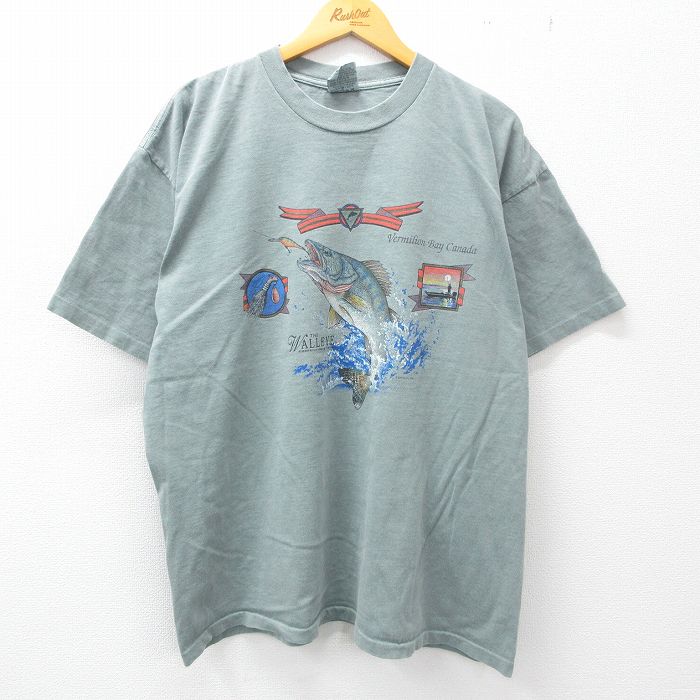 XL★古着 半袖 ビンテージ Tシャツ メンズ 90年代 90s 魚 ウォールアイ ラメ 大きいサイズ コットン クルーネック カナダ製 緑系  グリーン 【spe】 23jun03 中古