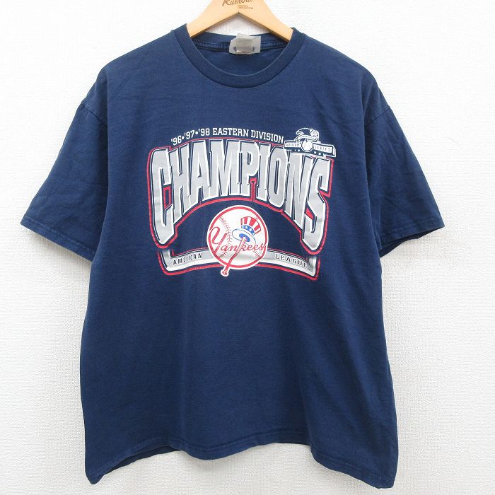 XL★古着 半袖 ビンテージ Tシャツ メンズ 90年代 90s MLB ニューヨークヤンキース アメリカンリーグ 大きいサイズ クルーネック 紺  ネイビー メジャーリーグ ベースボール 野球 23jun17 中古