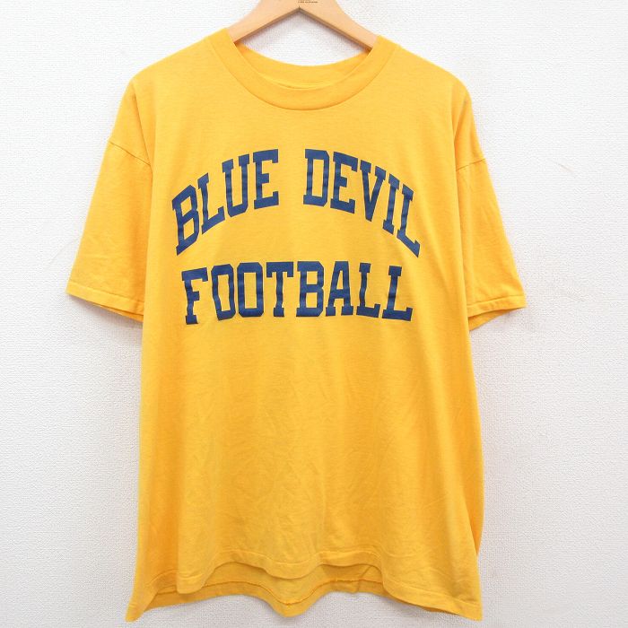 XL★古着 半袖 ビンテージ Tシャツ メンズ 80年代 80s BLUE DEVIL フットボール 大きいサイズ クルーネック 黄 イエロー  23jun29 中古