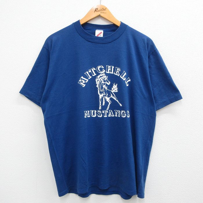 L★古着 半袖 ビンテージ Tシャツ メンズ 80年代 80ｓ 馬 MITCHELL クルーネック USA製 青 ブルー 23jul01 中古
