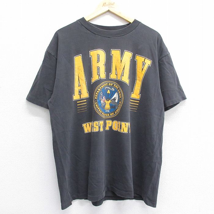 XL★古着 半袖 ビンテージ Tシャツ メンズ 90年代 90s ミリタリー アーミー ARMY WESTPOINT コットン クルーネック USA製  黒 ブラック 23jul20 中古