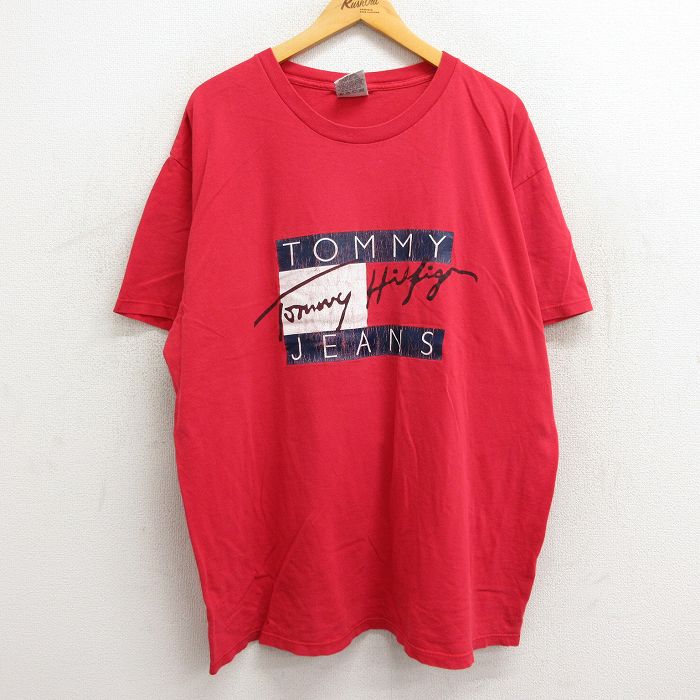 XL★古着 トミーヒルフィガー TOMMY HILFIGER トミージーンズ 半袖 ビンテージ ブランド Tシャツ メンズ 90年代 90s  ビッグロゴ 大きいサイズ コットン クルーネック USA製 赤 レッド 23aug29 中古