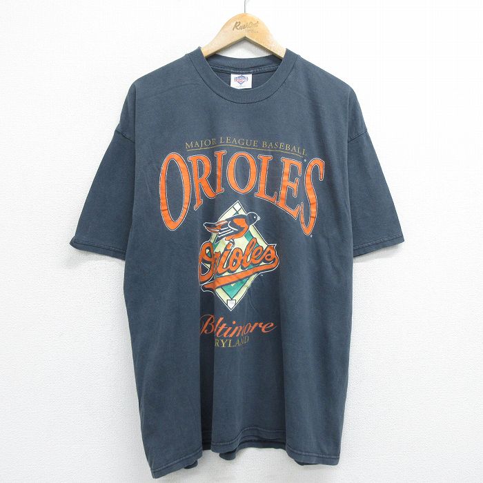 XL★古着 半袖 ビンテージ Tシャツ メンズ 90年代 90s MLB ボルチモアオリオールズ 大きいサイズ コットン クルーネック 濃グレー  メジャーリーグ ベースボール 野球 24feb29 中古