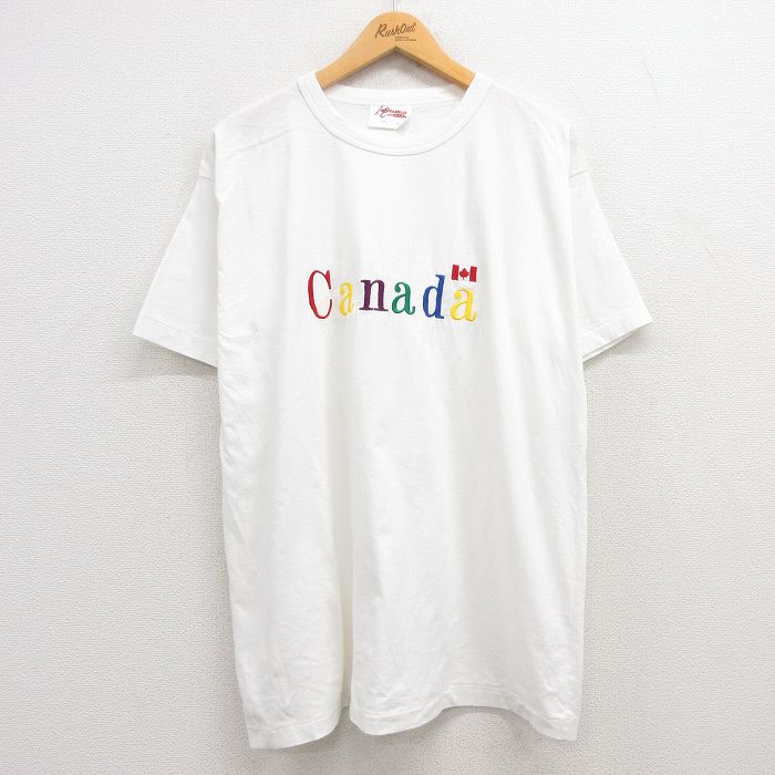 XL★古着 半袖 ビンテージ Tシャツ メンズ 90年代 90s カナダ 刺繍 コットン クルーネック 白 ホワイト 24apr02 中古