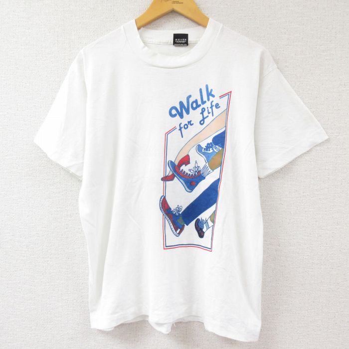 古着通販 L☆古着 半袖 ビンテージ Tシャツ メンズ 80年代 80s ウォークフォーライフ 企業広告 クルーネック USA製 白